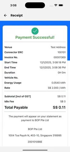 iCharge app — Payment Receipt